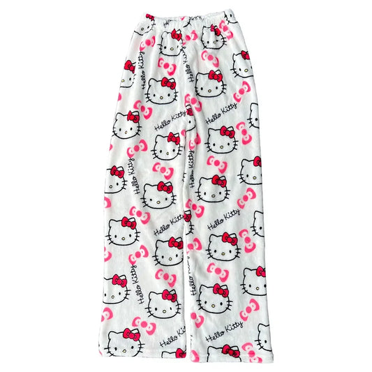 Sanrio Hello Kitty Pajamas Black Anime Flannel Women Warm Woolen Whitecartoon Casual Home Pants Autumn Fashion Trousers Gifts
